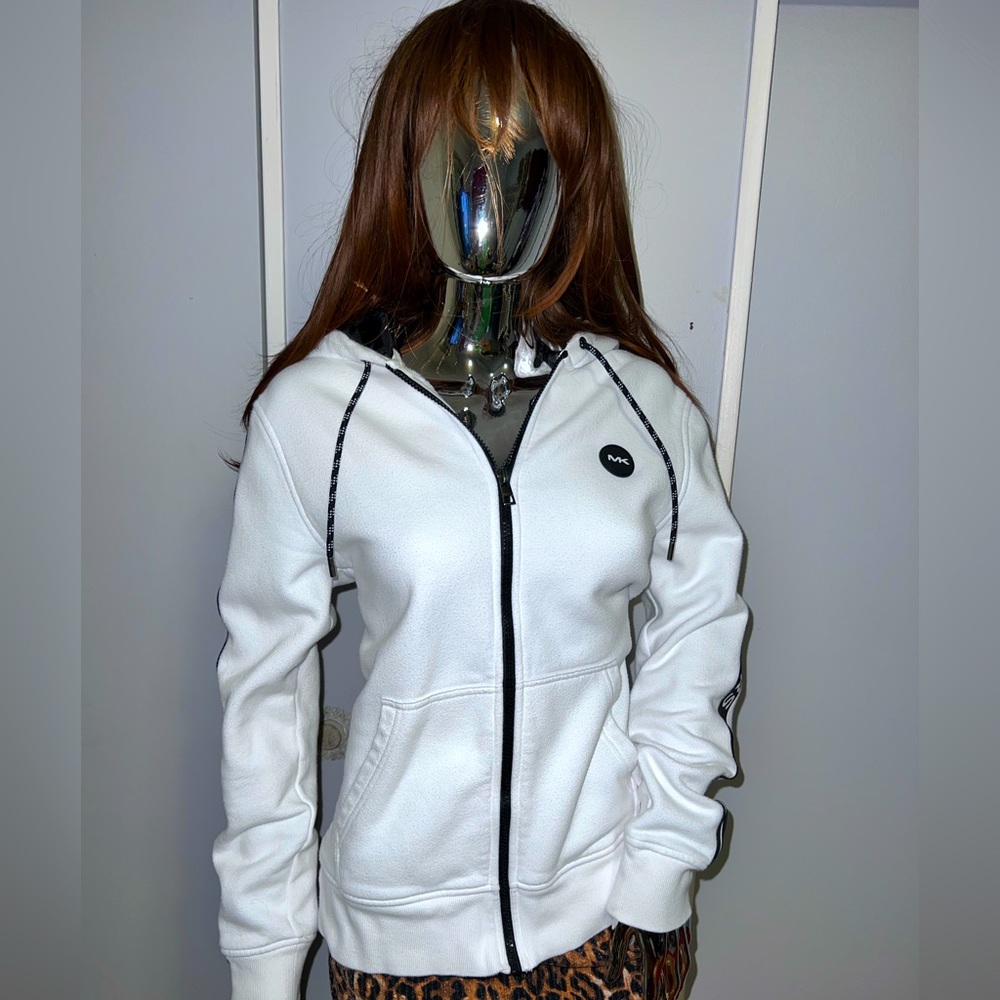 Michael Kors Mens Arm Logo White Hooded Sweatshirt, Full Zip Jacket